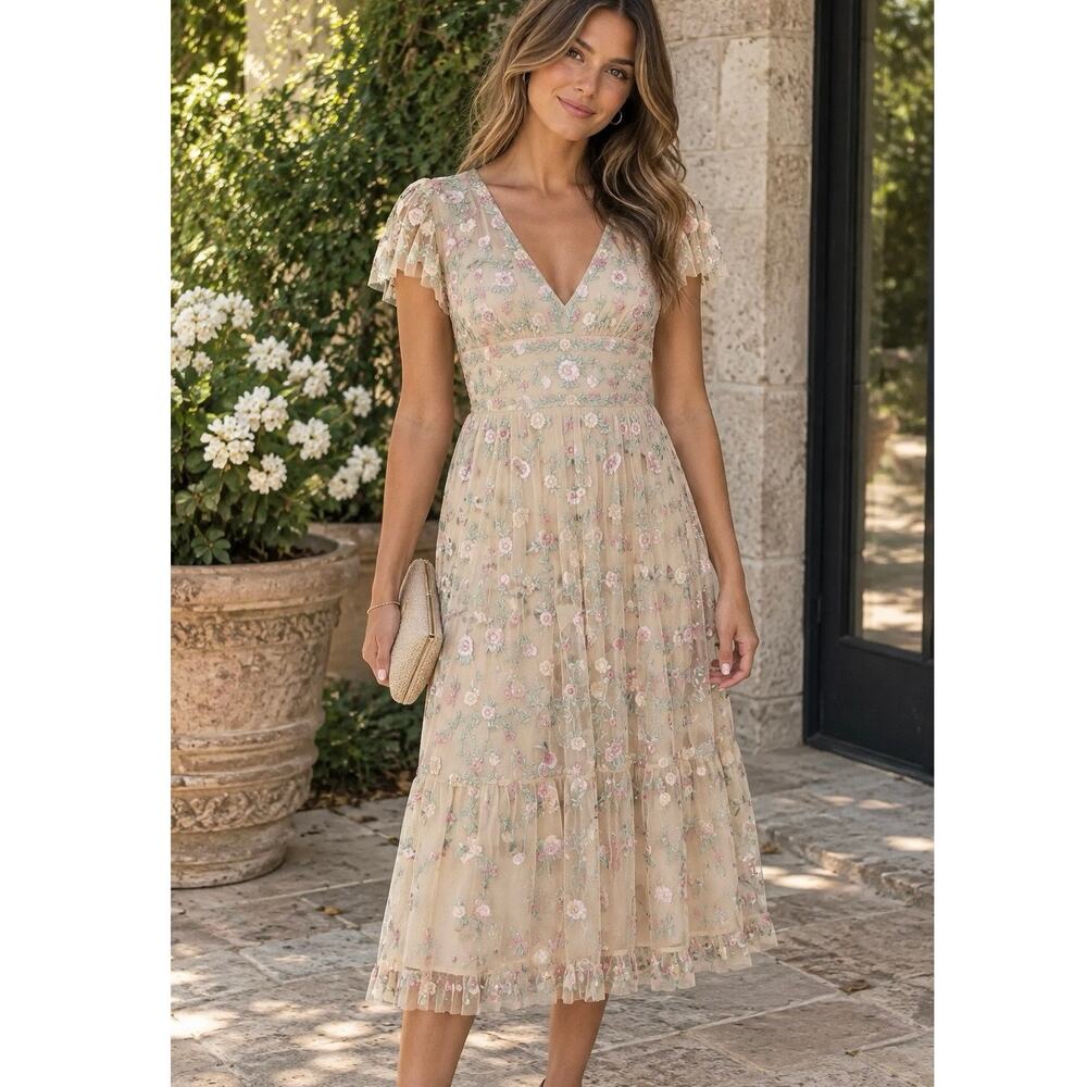 Mac Duggal Pastel Embroidered size 12 Floral V-Neck Cap Sleeve Midi Dress